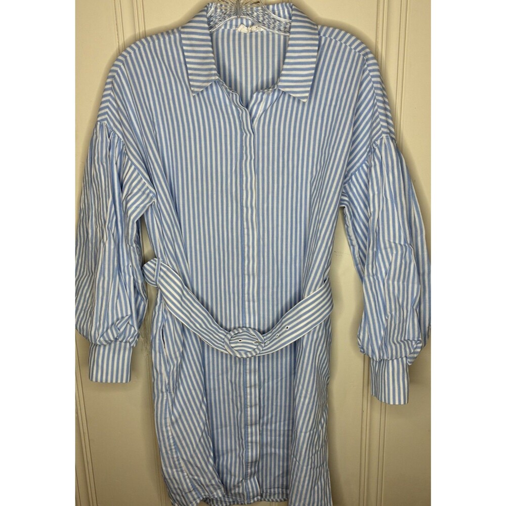 A Loves A blue white pinstripe belted shirtdress puff sleeves Med cotton classic